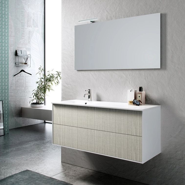 Ensemble meuble de salle de bain 2 tiroirs laqué blanc et beige et miroir à LED Goa L 120 cm - Photo n°1