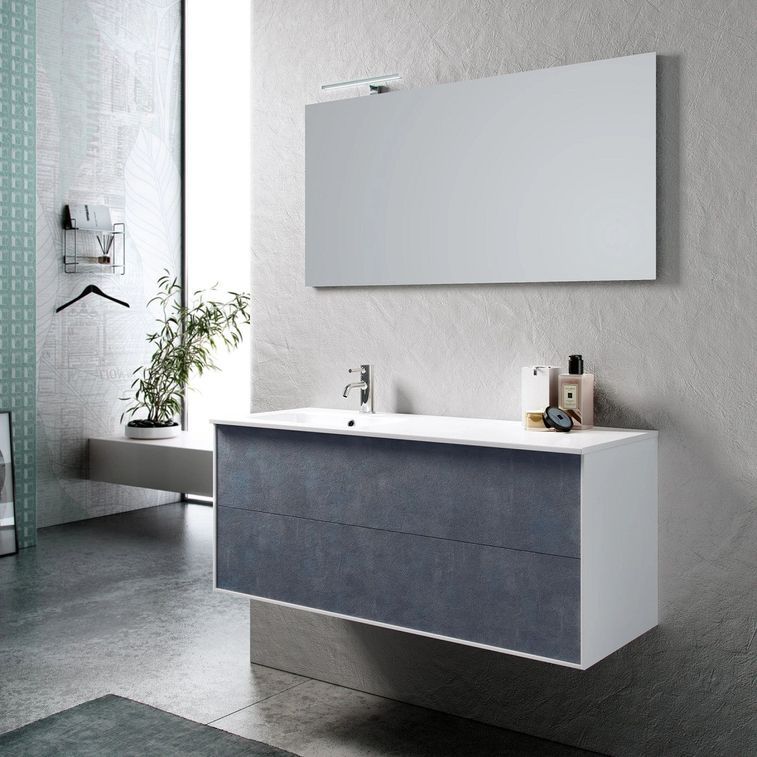 Ensemble meuble de salle de bain 2 tiroirs laqué blanc et bleu effet pierre et miroir à LED Goa L 120 cm - Photo n°1