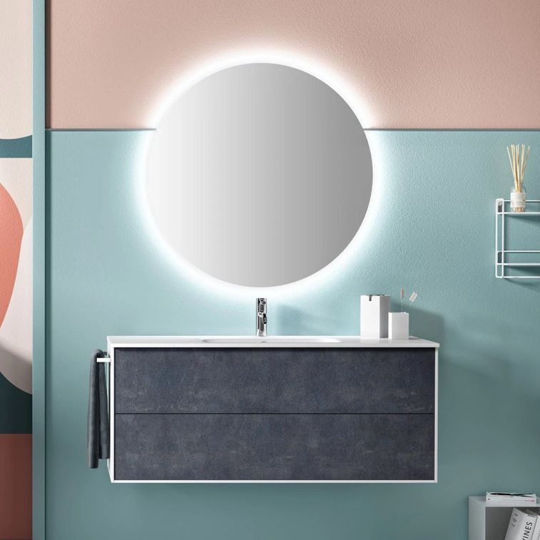 Ensemble meuble de salle de bain 2 tiroirs laqué blanc et bleu effet pierre et miroir lumineux Lago L 120 cm - Photo n°1
