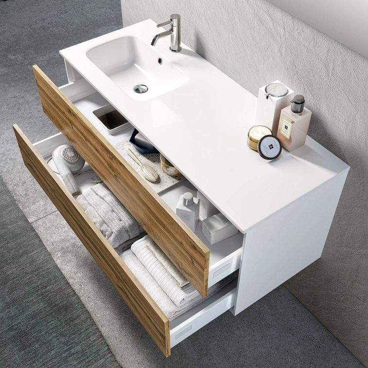 Ensemble meuble de salle de bain 2 tiroirs laqué blanc et chêne et miroir à LED Goa L 120 cm - Photo n°2
