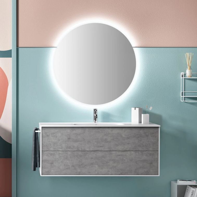 Ensemble meuble de salle de bain 2 tiroirs laqué blanc et effet béton et miroir lumineux Lago L 120 cm - Photo n°1
