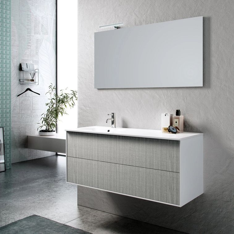 Ensemble meuble de salle de bain 2 tiroirs laqué blanc et gris et miroir à LED Goa L 120 cm - Photo n°1