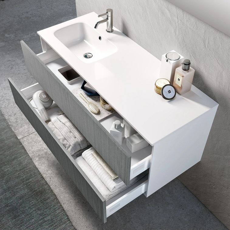 Ensemble meuble de salle de bain 2 tiroirs laqué blanc et gris et miroir à LED Goa L 120 cm - Photo n°2