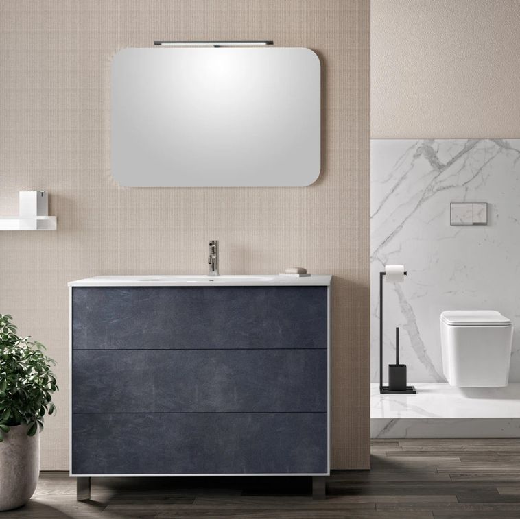 Ensemble meuble de salle de bain 3 tiroirs laqué blanc et bleu effet pierre et miroir à LED Oga L 100 cm - Photo n°1