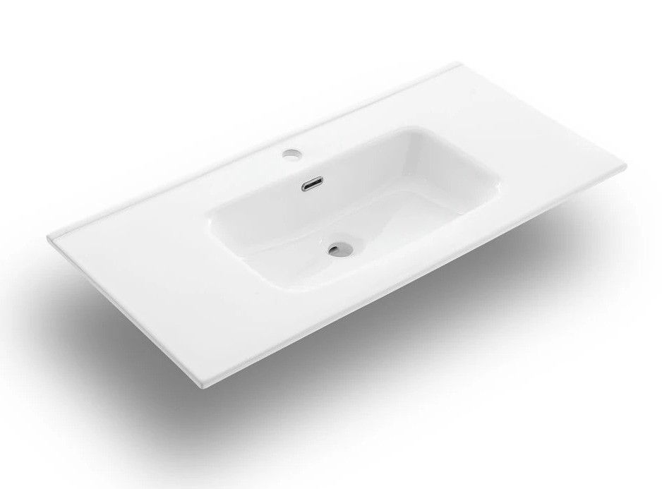 Ensemble meuble de salle de bain 3 tiroirs laqué blanc et bleu effet pierre et miroir à LED Oga L 100 cm - Photo n°2