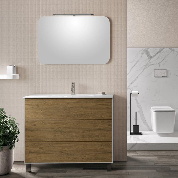Ensemble meuble de salle de bain 3 tiroirs laqué blanc et chêne et miroir à LED Oga L 100 cm - Photo n°1