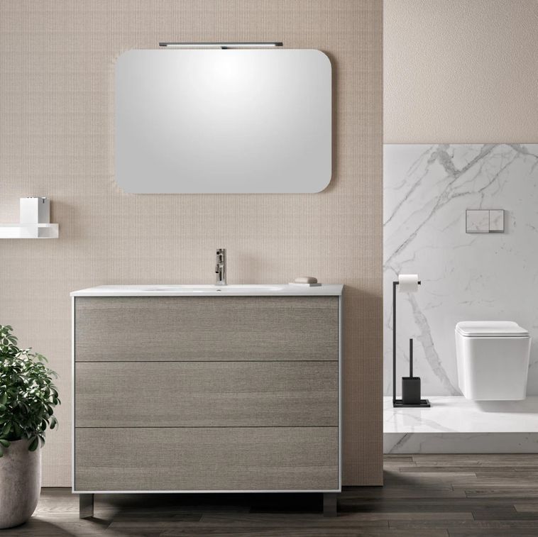 Ensemble meuble de salle de bain 3 tiroirs laqué blanc et gris et miroir à LED Oga L 100 cm - Photo n°1