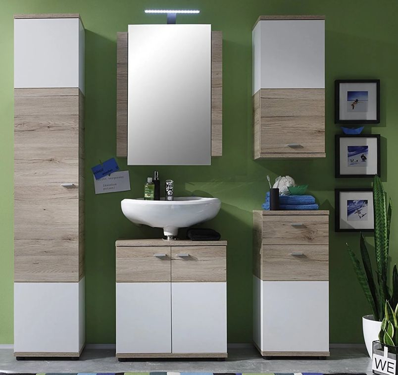 Ensemble meuble de salle de bain 5 pièces avec miroir blanc et chêne clair Masie - Photo n°2