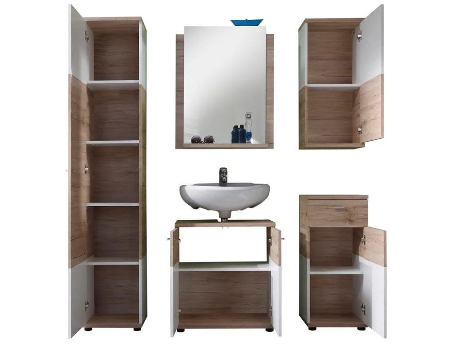 Ensemble meuble de salle de bain 5 pièces avec miroir blanc et chêne clair Masie - Photo n°3