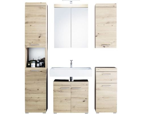 Ensemble meuble de salle de bain à LED 6 pièces bois chêne clair Kelia - Photo n°1