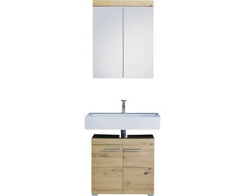 Ensemble meuble de salle de bain avec miroir 2 pièces laqué blanc chêne clair Kelia - Photo n°1