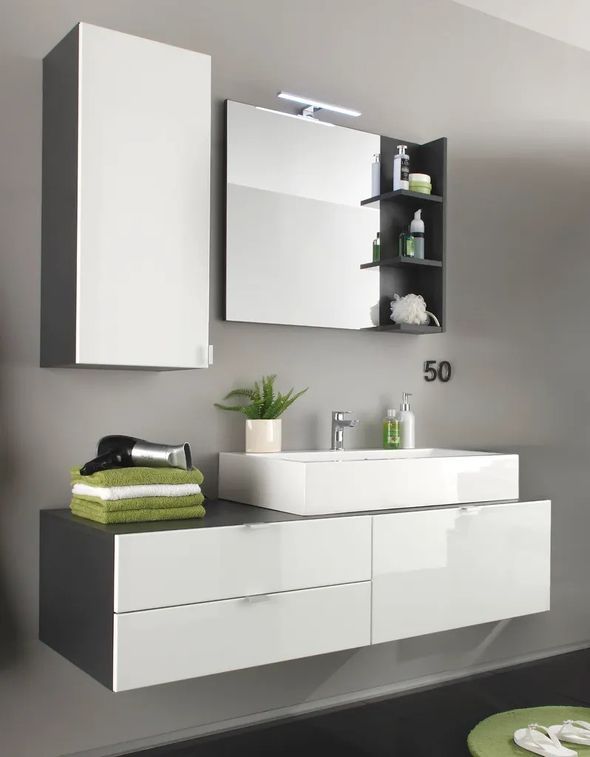 Ensemble meuble salle de bain 3 pièces avec vasque blanc brillant et anthracite Ibiza 140 cm - Photo n°2