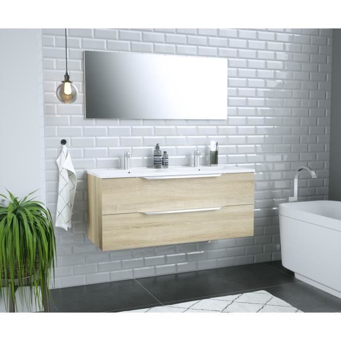 Ensemble Meuble salle de bain L 120 - Vasque + 2 tiroirs + miroir - Décor bois - ZOOM - Photo n°2