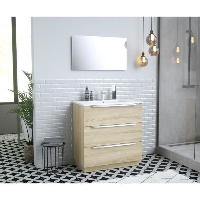 Ensemble Meuble salle de bain sur socle L 80 - Vasque + 3 tiroirs + miroir - ZOOM - Photo n°2
