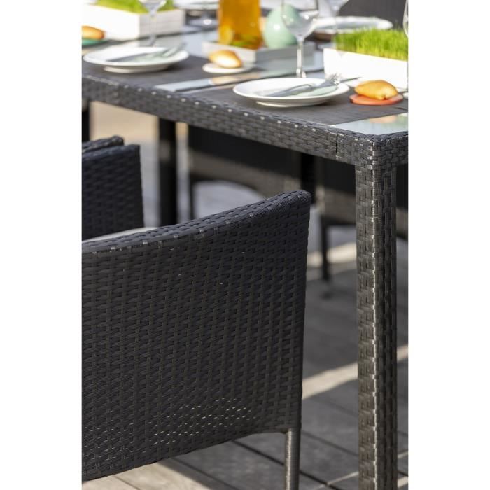 Ensemble repas de jardin 8 places - table 190x90cm plateau verre et 8 fauteuils - Résine tréssée - Noir - Photo n°4