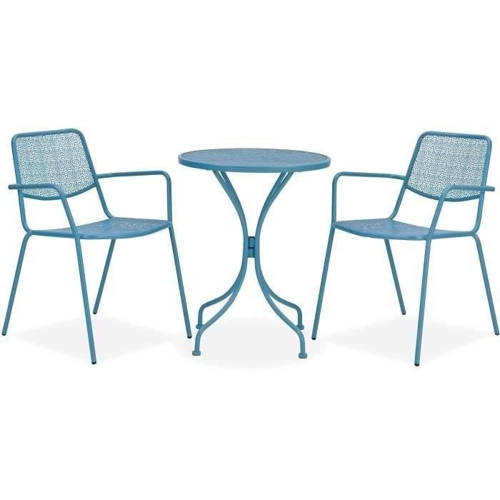 Ensemble repas de jardin ou balcon - Set bistrot table avec 2 fauteuils - Table : 60 x 70 cm, fauteuils : 54 x 64 x 77 cm - Bleu - Photo n°1