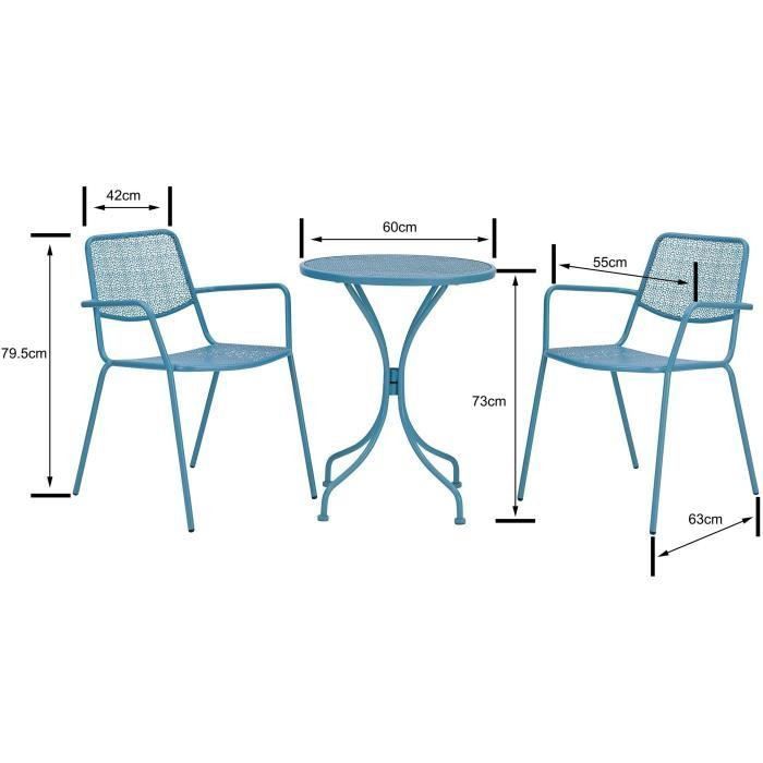 Ensemble repas de jardin ou balcon - Set bistrot table avec 2 fauteuils - Table : 60 x 70 cm, fauteuils : 54 x 64 x 77 cm - Bleu - Photo n°3