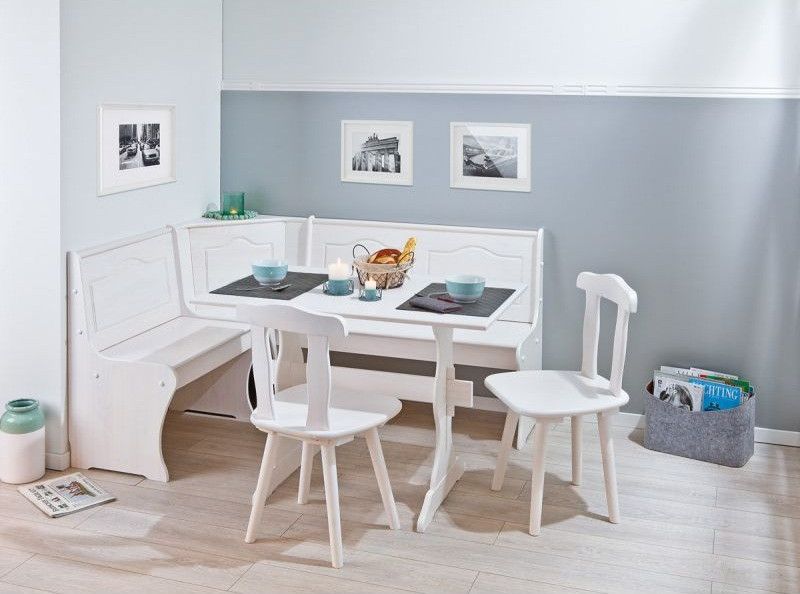 Ensemble table avec banc et chaises pin massif vernis blanc Vencia - Photo n°2