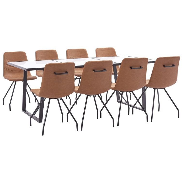 Ensemble table blanche marbré 200 cm et 8 chaises simili cuir marron Vista - Photo n°1