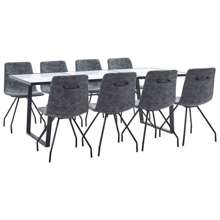 Ensemble table blanche marbré 200 cm et 8 chaises simili cuir noir Vista - Photo n°1