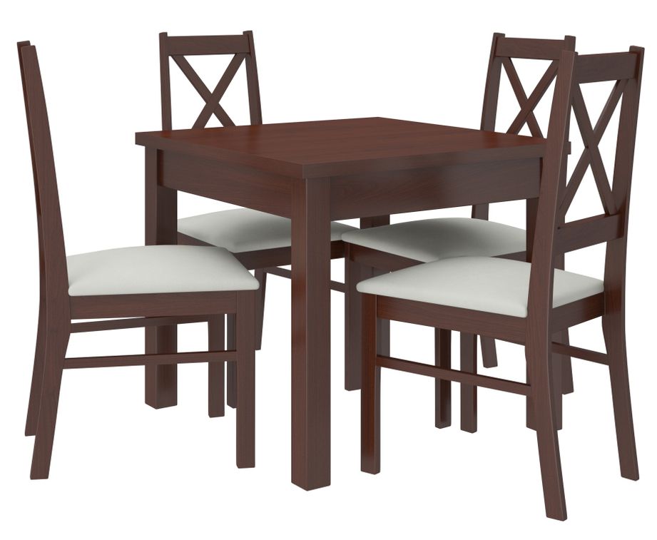 Ensemble table carrée 80/80 cm et 4 chaises en bois Noyer foncé et tissu beige clair Opka - Photo n°1