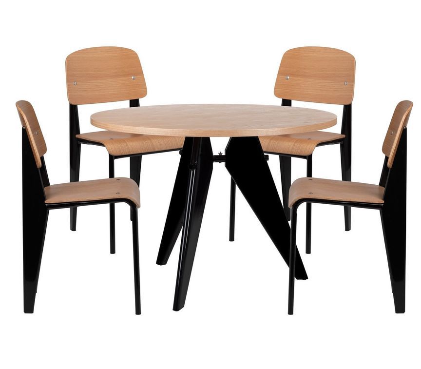 Ensemble table et 4 chaises industriel bois de frêne et acier noir Kiten - Photo n°1