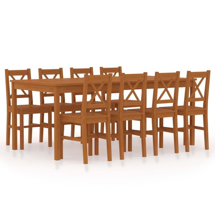 Ensemble table et 8 chaises pin massif marron miel Kampia - Photo n°1