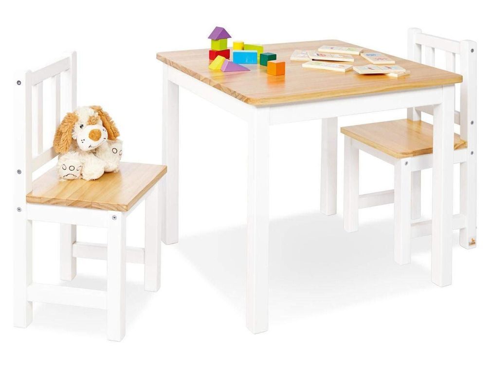 Ensemble table et chaises enfant 3 pièces pin massif laqué blanc et clair Fenna - Photo n°1