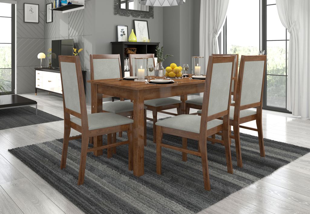 Ensemble table extensible 140/180 cm et 6 chaises en bois marron et tissu gris clair Klarika - Photo n°2