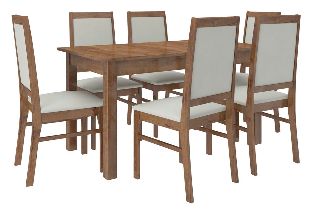 Ensemble table extensible 140/180 cm et 6 chaises en bois marron et tissu gris clair Klarika - Photo n°1
