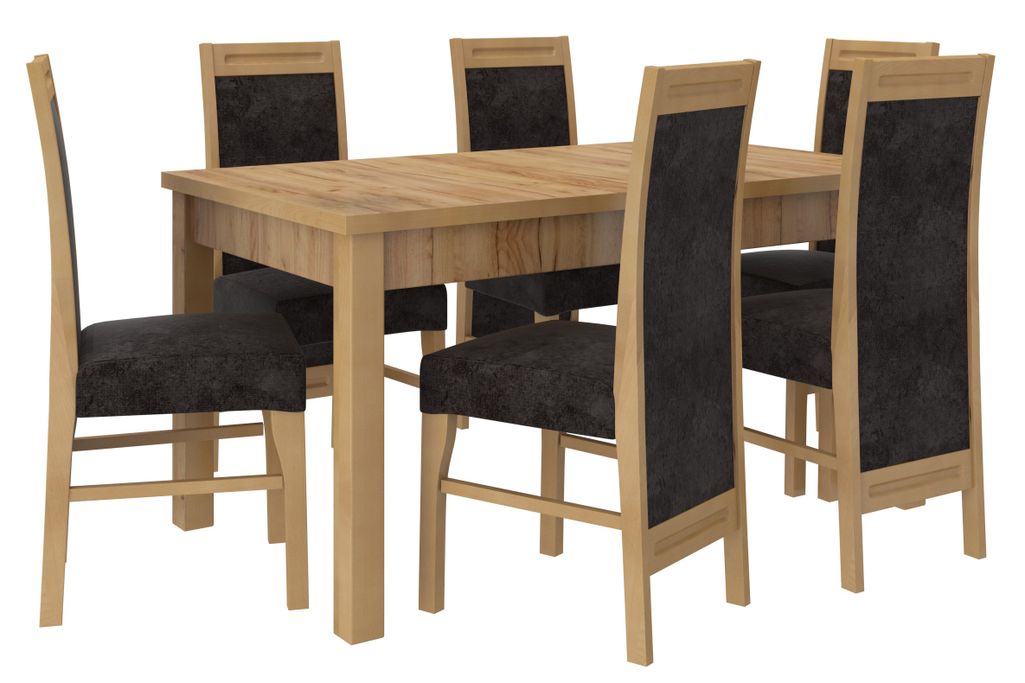 Ensemble table extensible 140/180 cm et 6 chaises en bois naturel et tissu noir Valka - Photo n°1