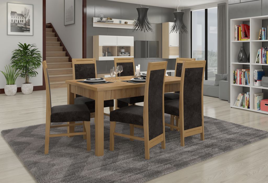 Ensemble table extensible 140/180 cm et 6 chaises en bois naturel et tissu noir Valka - Photo n°2