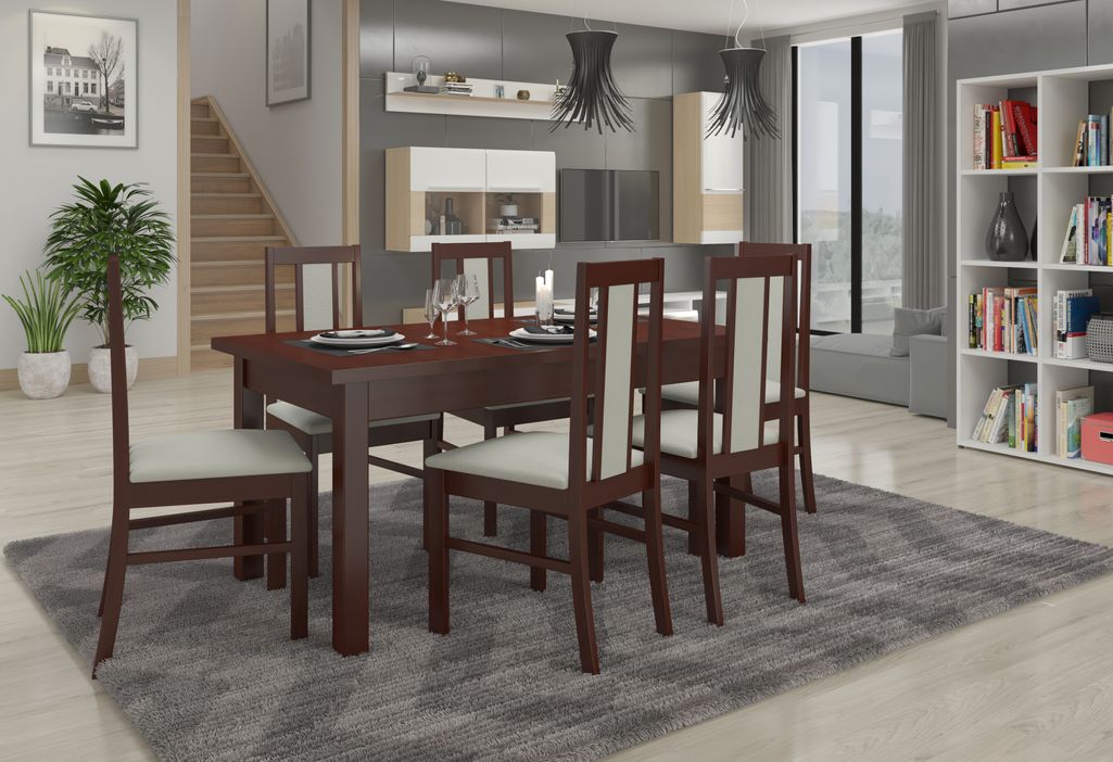 Ensemble table extensible 140/180 cm et 6 chaises en bois Noyer foncé et tissu beige clair Louiza - Photo n°2