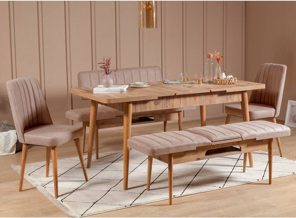 Ensemble table extensible 2 chaises et 2 bancs bois naturel et tissu beige Mariva - Photo n°2