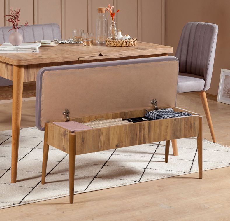 Ensemble table extensible 2 chaises et 2 bancs bois naturel et tissu gris Mariva - Photo n°2