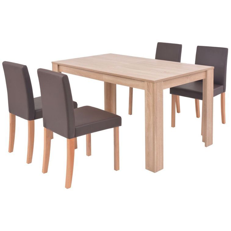 Ensemble table finition en chêne et 4 chaises simili cuir marron Kila - Photo n°1