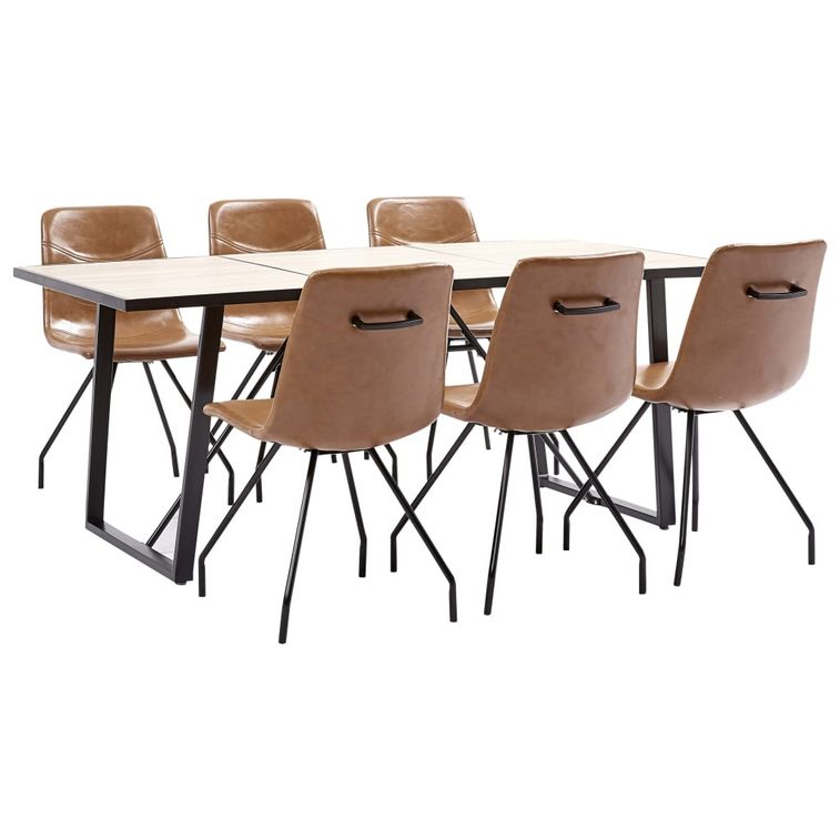 Ensemble table industriel 180 cm et 6 chaises simili cuir cognac Dusta - Photo n°1