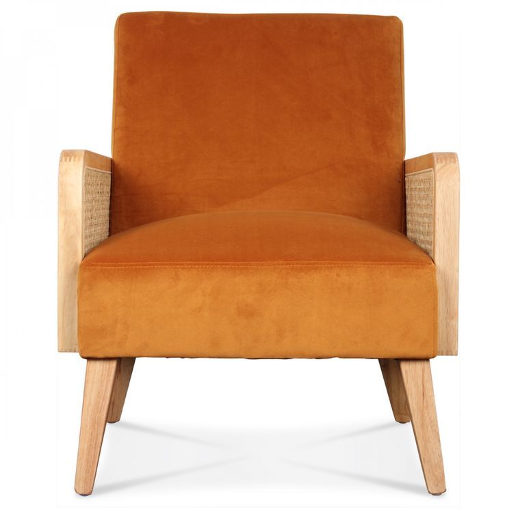 Fauteuil assise velours orange indie pin massif clair Rotina - Photo n°2
