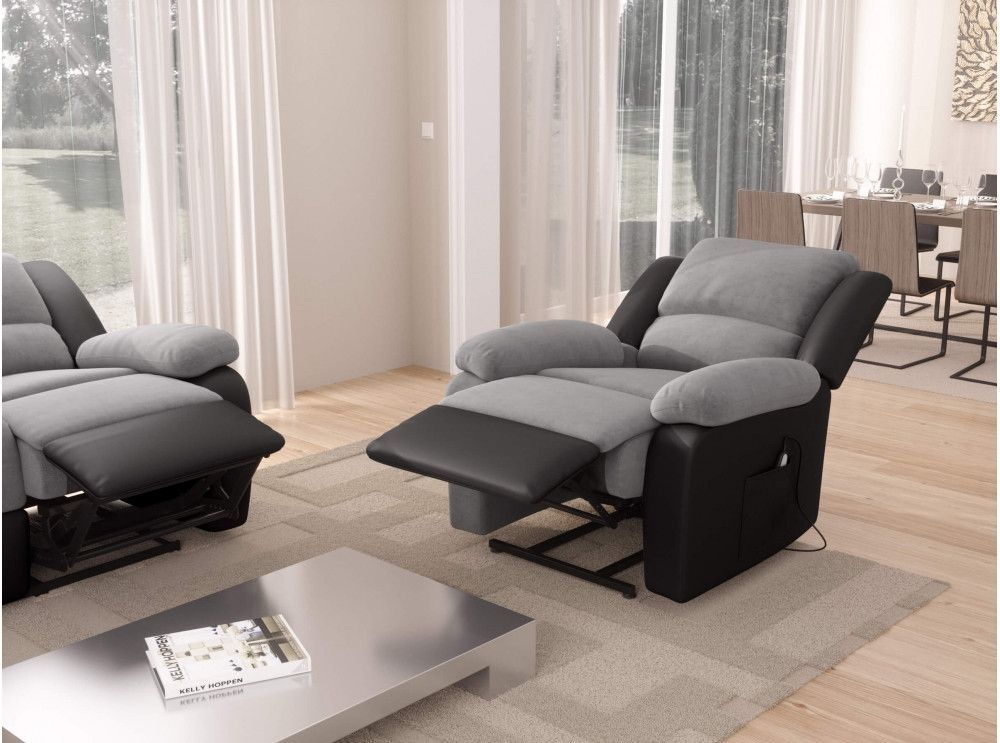 Fauteuil relaxation électrique simili cuir noir et microfibre gris Confort - Photo n°13