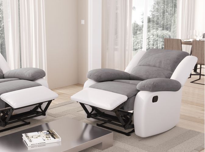Fauteuil relaxation manuel simili cuir blanc et microfibre gris Confort - Photo n°3