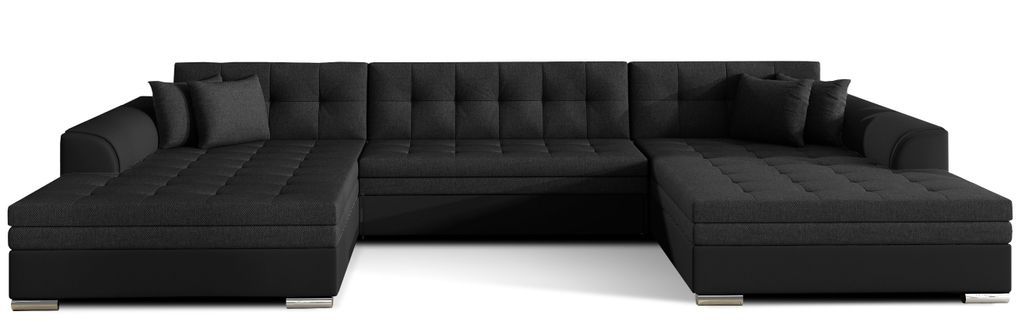 Grand canapé panoramique convertible tissu noir et simili cuir noir Vira 359 cm - Photo n°1
