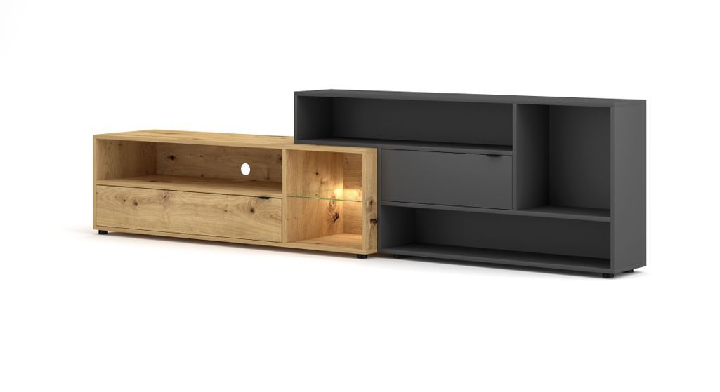 Grand meuble TV 2 portes avec LED bois naturel et gris anthracite Alizé 242 cm - Photo n°6