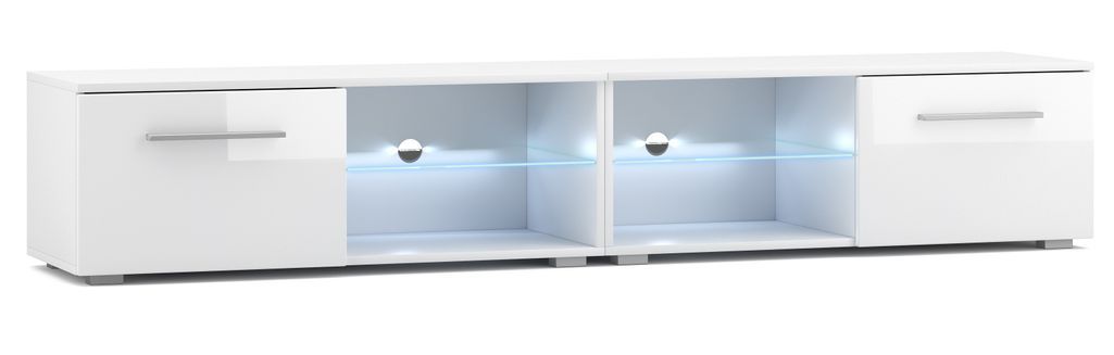 Grand meuble TV lumineux 2 portes blanc et blanc laqué Roxel 200 cm - Photo n°1