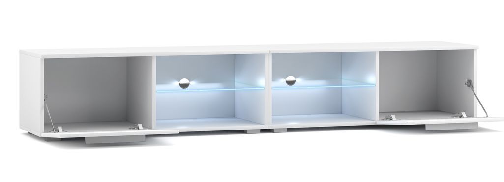 Grand meuble TV lumineux 2 portes blanc et blanc laqué Roxel 200 cm - Photo n°3