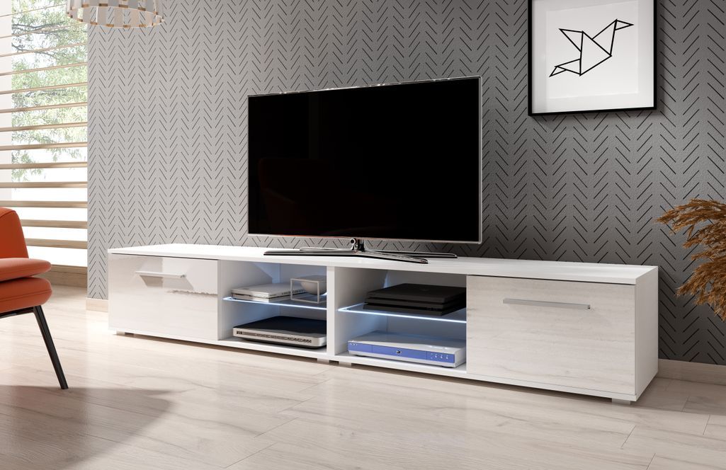 Grand meuble TV lumineux 2 portes blanc et blanc laqué Roxel 200 cm - Photo n°6