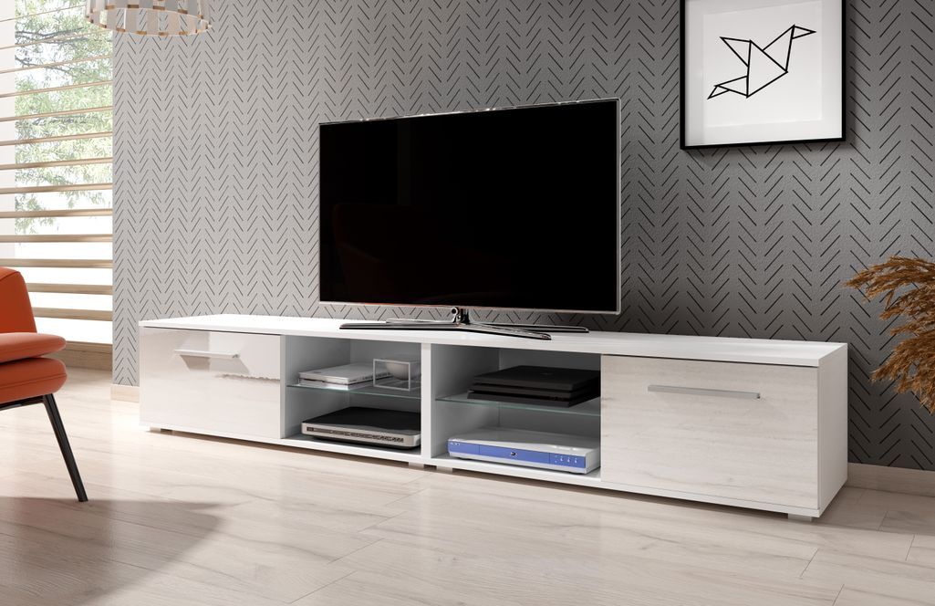 Grand meuble TV lumineux 2 portes blanc et blanc laqué Roxel 200 cm - Photo n°7