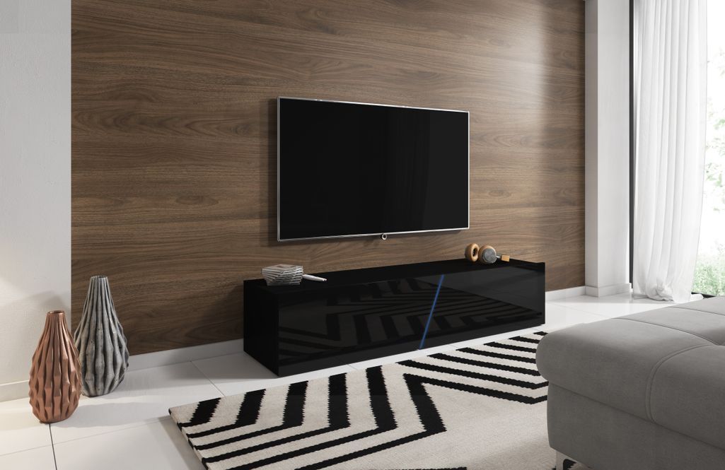 Grand meuble TV sur pied ou mural 2 portes avec Led noir mat et noir brillant Prago 160 cm - Photo n°3