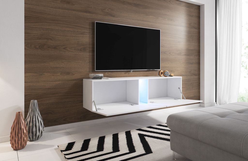 Grand meuble TV sur pied ou mural 2 portes avec Led noir mat et noir brillant Prago 160 cm - Photo n°4