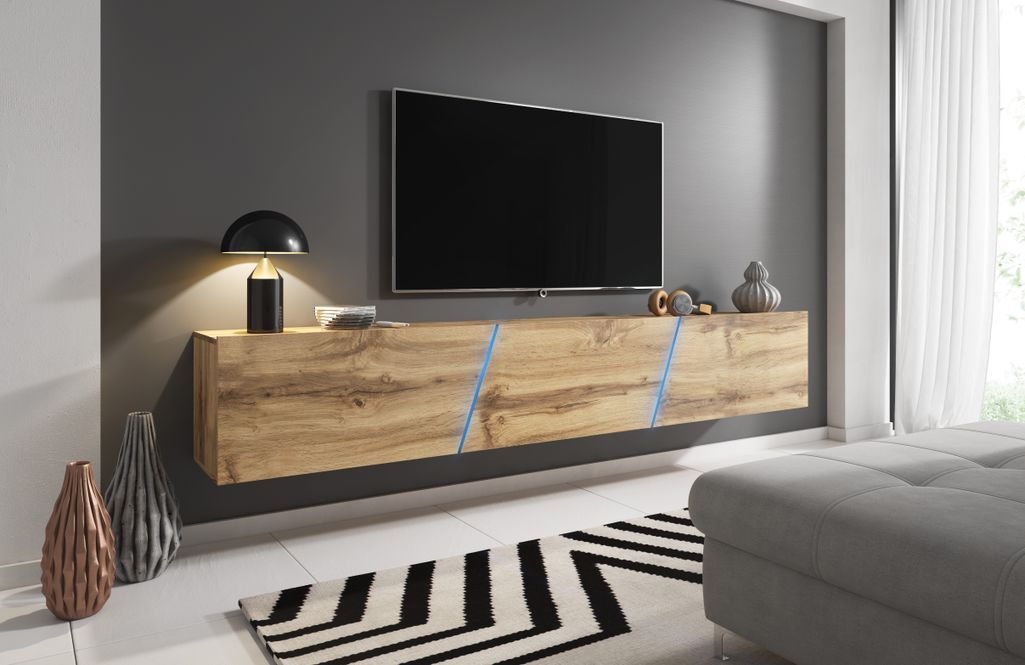 Grand meuble TV sur pied ou mural 3 portes avec Led bois naturel Prago 240 cm - Photo n°2