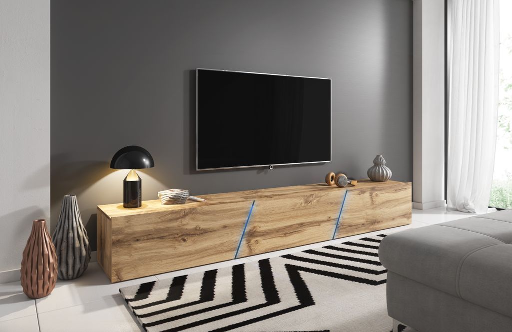 Grand meuble TV sur pied ou mural 3 portes avec Led bois naturel Prago 240 cm - Photo n°3